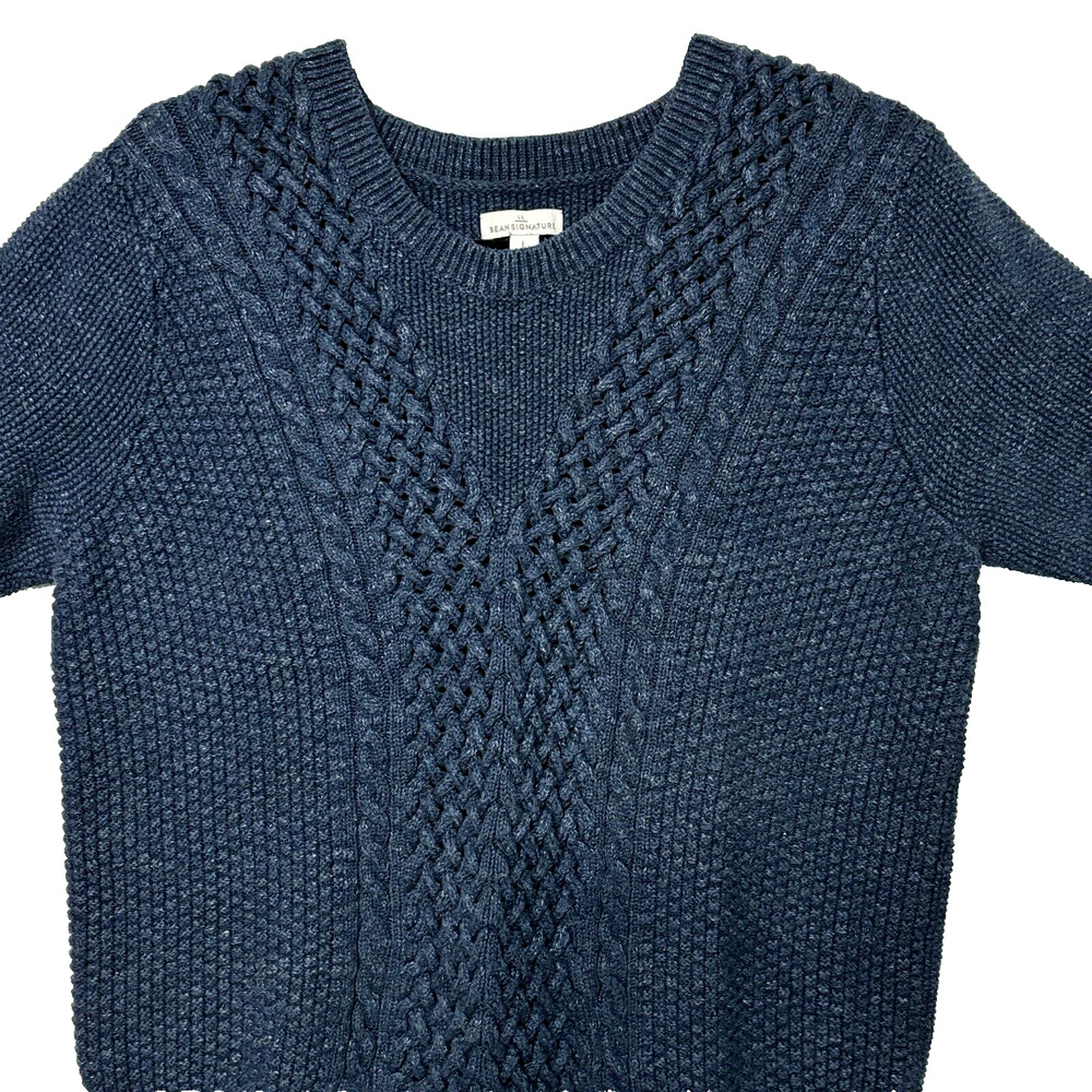 LL Bean Signature Womens Blue Cable Knit Short Sleeve Sweater Size L 100% Cotton
